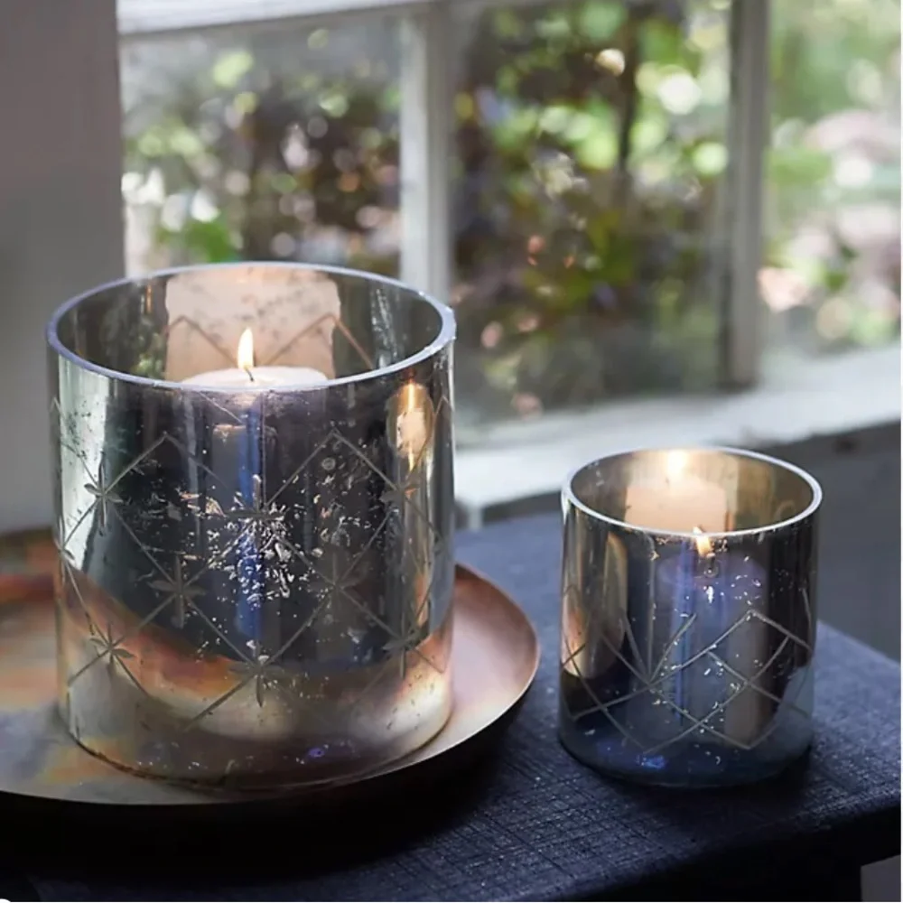 Set Mercury Glass Diamond Etched Set 2 hurricane candle holders